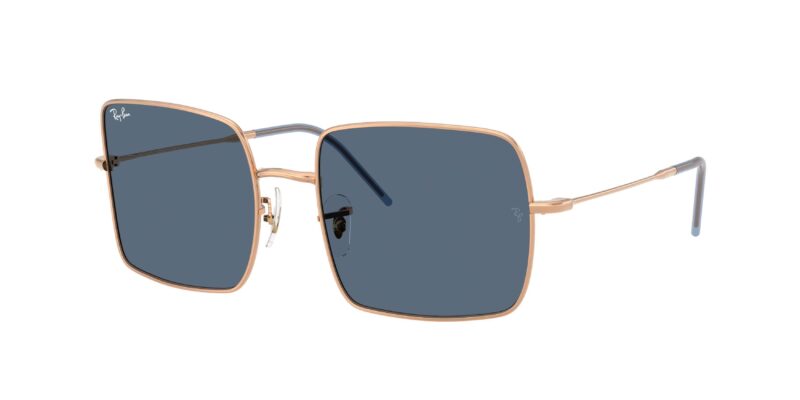 unisex γυαλιά ηλίου RAY-BAN RBR0104S 92023A Square Reverse με μεταλλικό σκελετό σε ροζ χρυσό και σκούρους μπλε φακούς.
