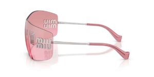 Miu Miu MU B53S 1BC70Y ασημί γυαλιά ηλίου shield με ροζ φακούς καθρέφτη και λογότυπο Miu Miu