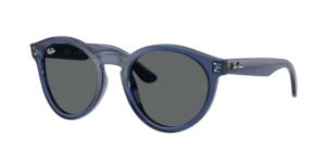 unisex γυαλιά ηλίου RAY-BAN RBR0505S 6708GR με διαφανή ναυτικό μπλε κοκάλινο σκελετό και σκούρους γκρι φακούς.